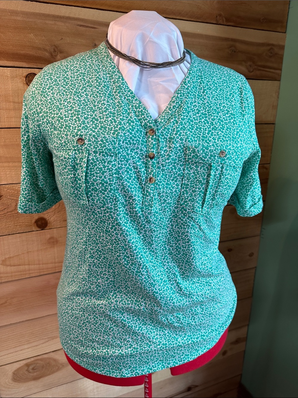 croft & barrow Teal Micro-Print Henley Short Sleeve Top